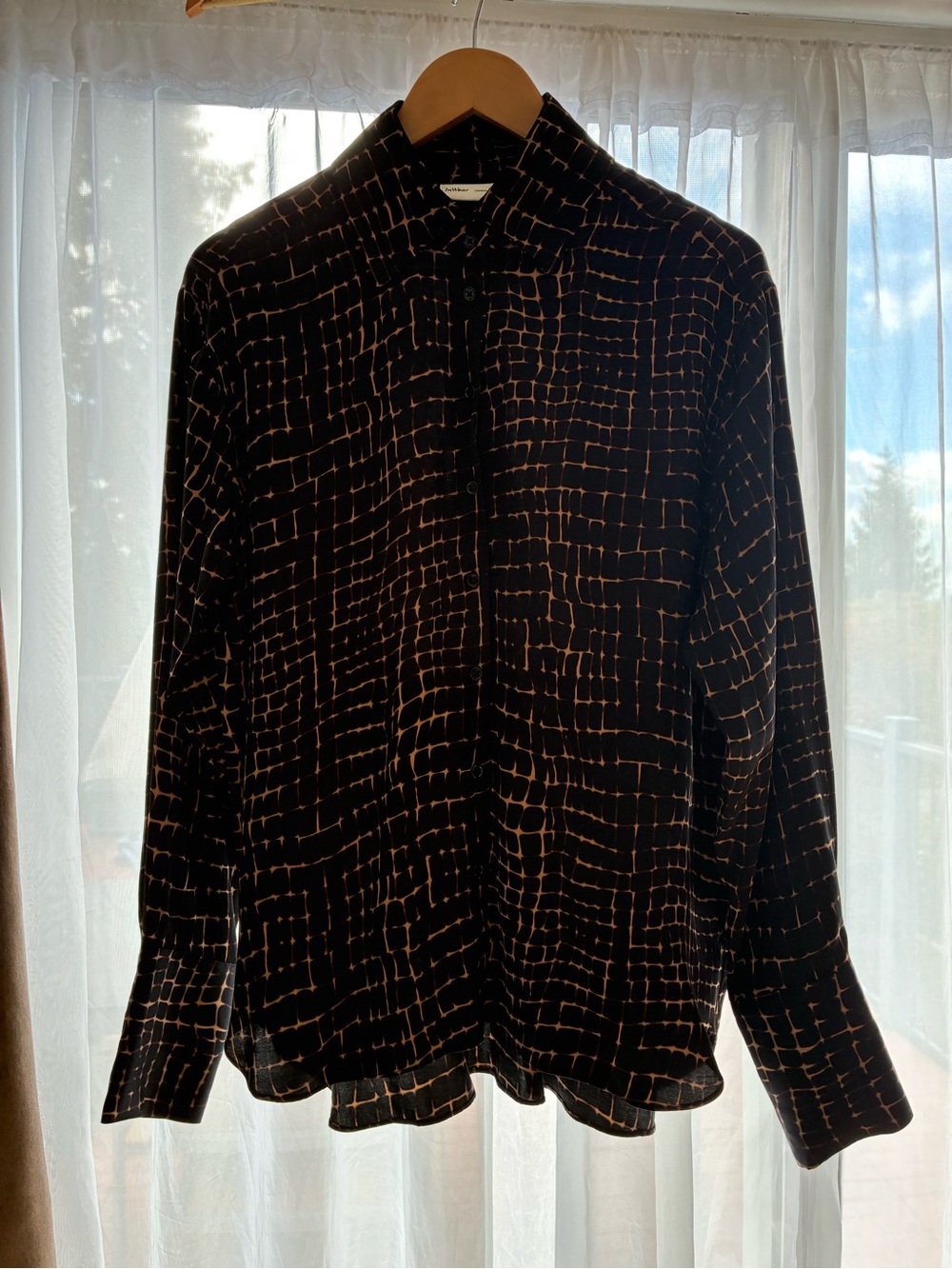 Women's Black Grid-Print Button Front Blouse